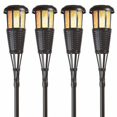 NEWHOUSE LIGHTING Solar LED Island Torches w/Flickering Flame, Dusk to Dawn, Black, PK 4 FLTORCH4-B